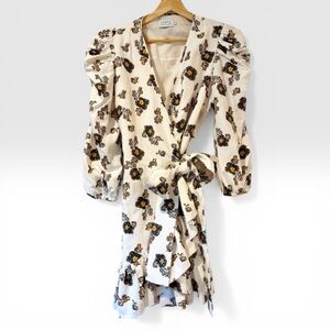 Tanya Taylor Sasha Floral Mini Wrap Dress Puff Sleeve Cream Sz 10